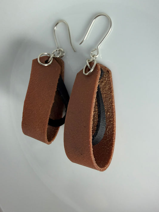 Brown Double Loop Inner Twist Leather Dangle Earring