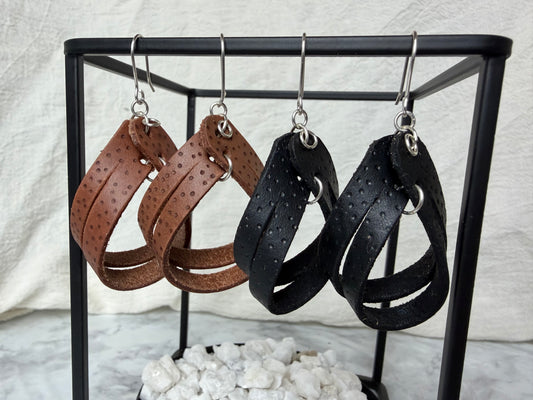 Black Polka Dot Burned Split Loop Dangle Leather Earring