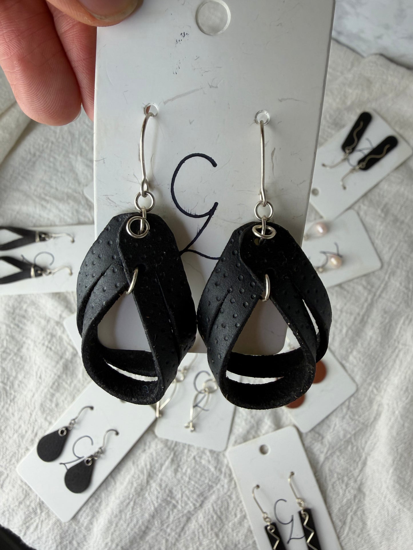 Black Polka Dot  Burned Split Loop Dangle Leather Earring