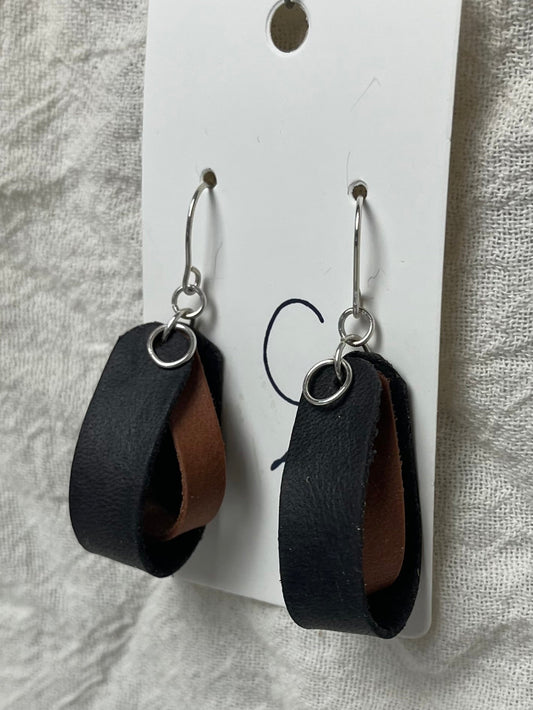 Black Double Loop Inner Twist Leather Dangle Earring