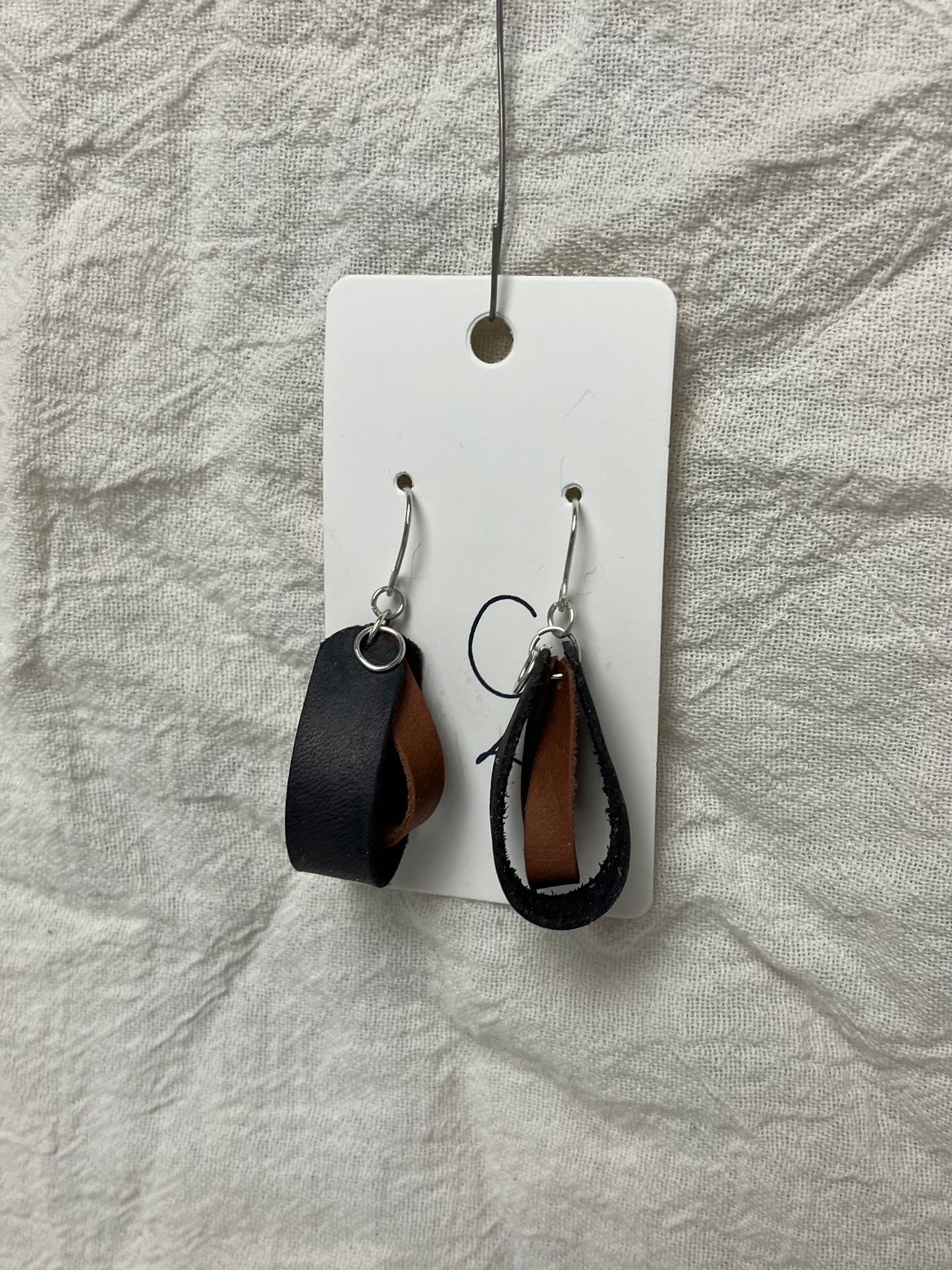 Black Double Loop Inner Twist Leather Dangle Earring
