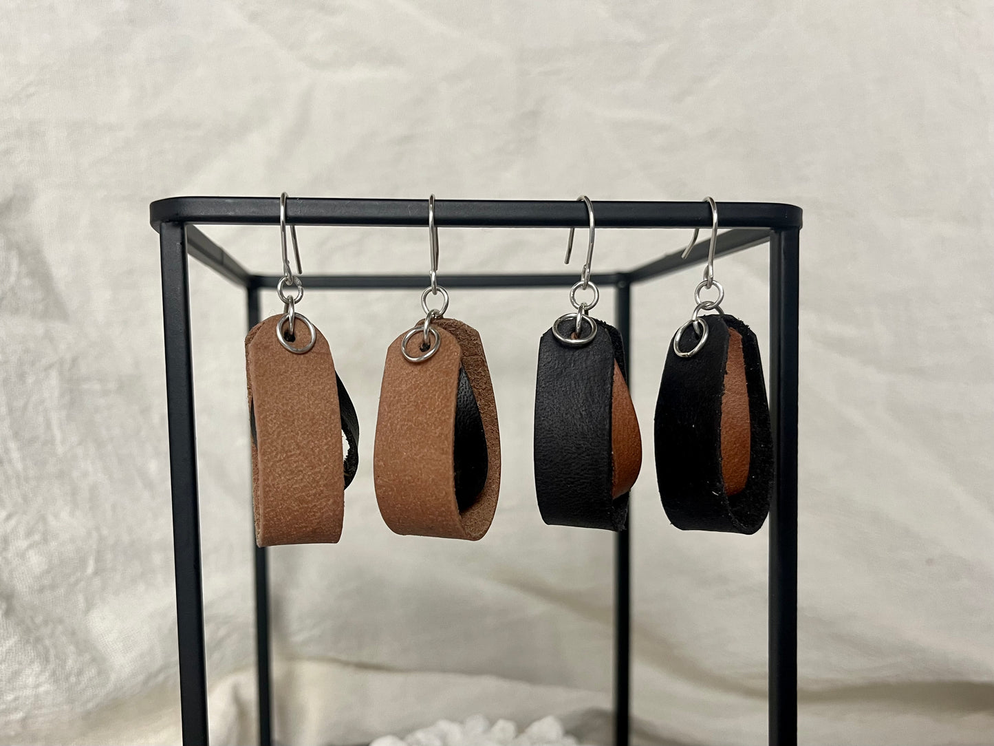 Black Double Loop Inner Twist Leather Dangle Earring