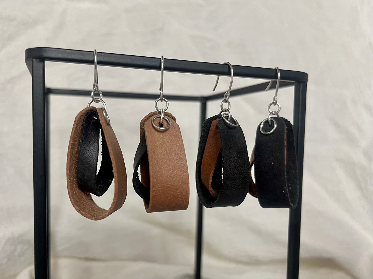Black Double Loop Inner Twist Leather Dangle Earring