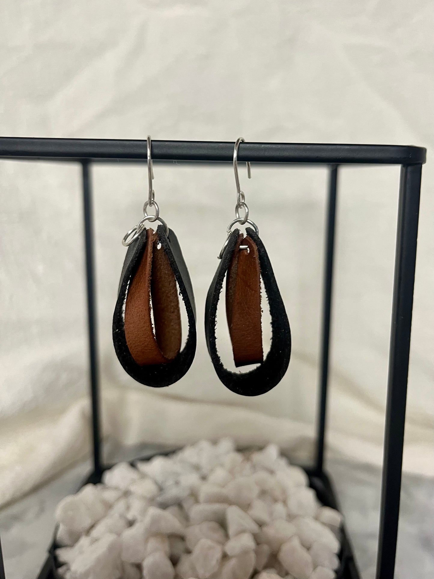 Black Double Loop Inner Twist Leather Dangle Earring