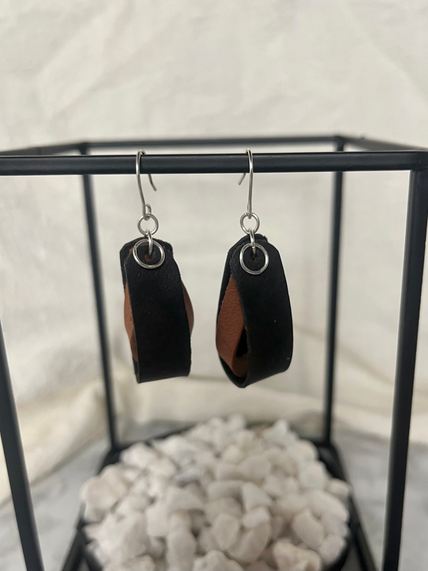 Black Double Loop Inner Twist Leather Dangle Earring