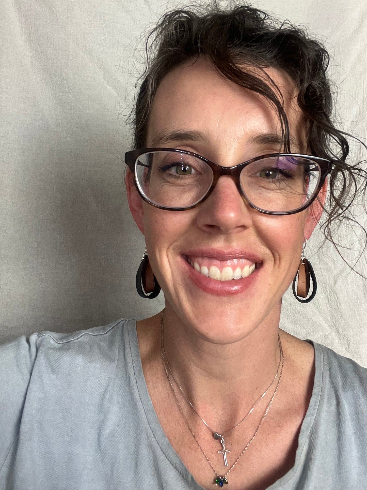 Brown Double Loop Inner Twist Leather Dangle Earring