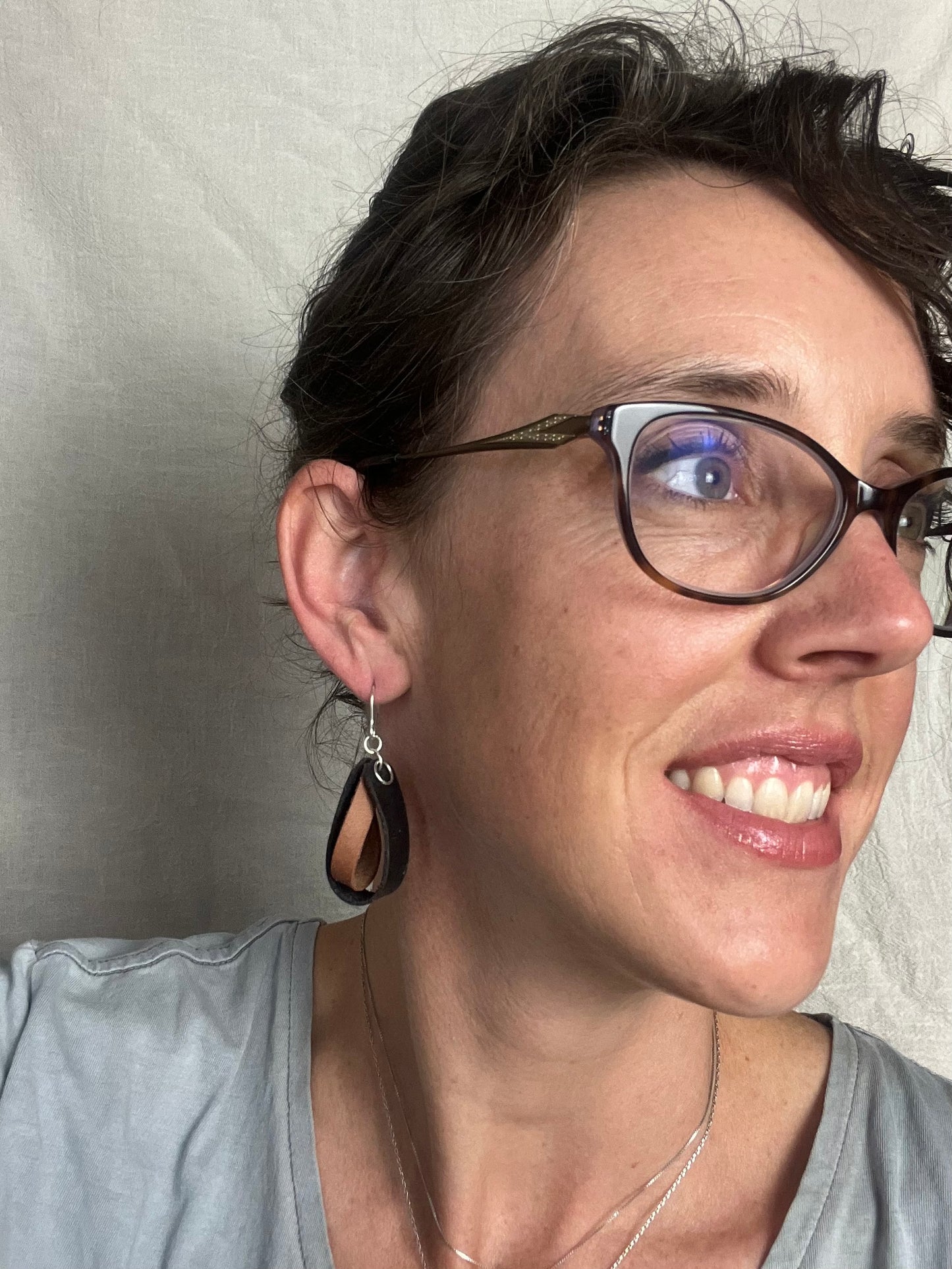 Brown Double Loop Inner Twist Leather Dangle Earring