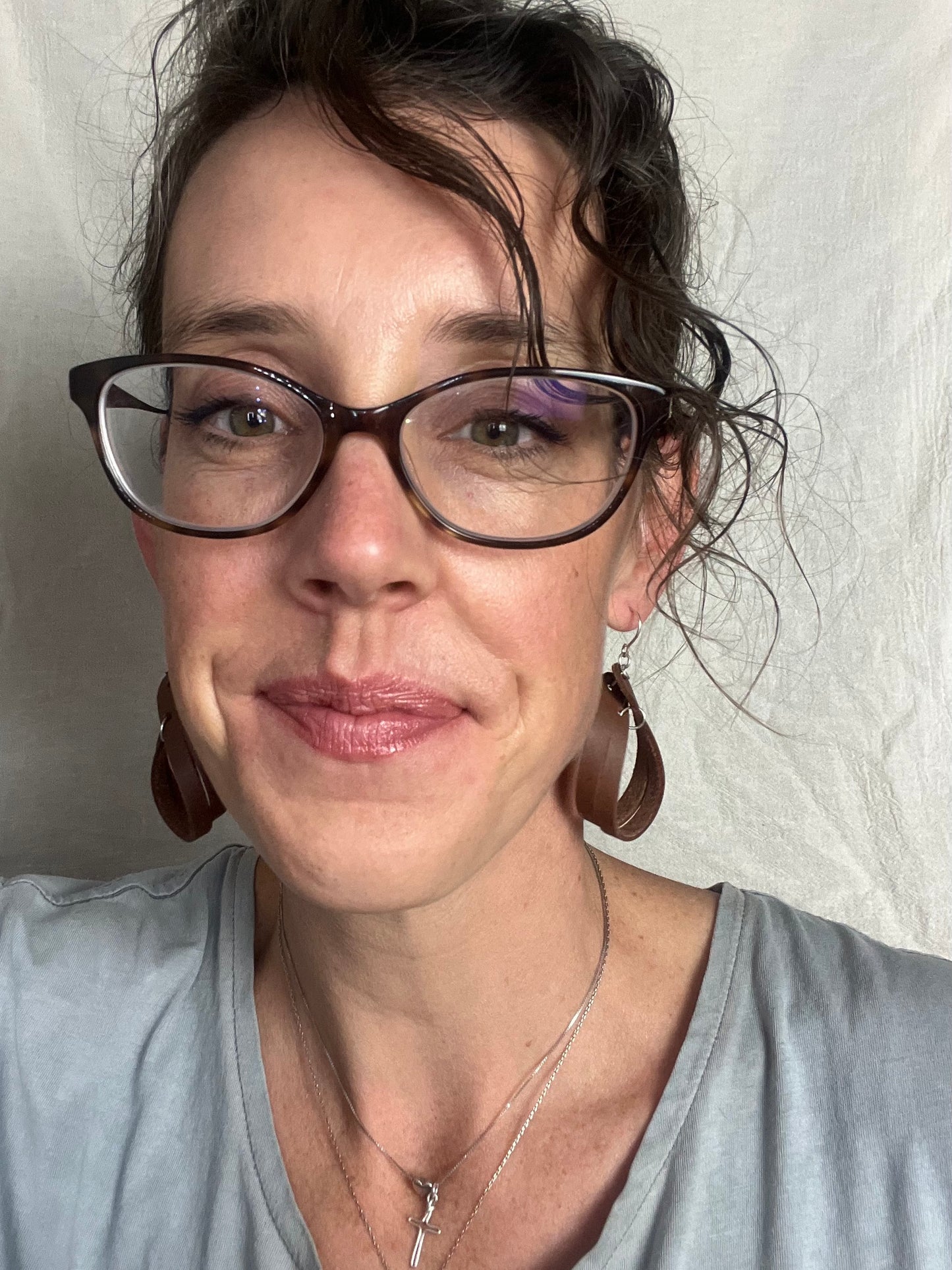 Brown Polka Dot  Burned Split Loop Dangle Leather Earring