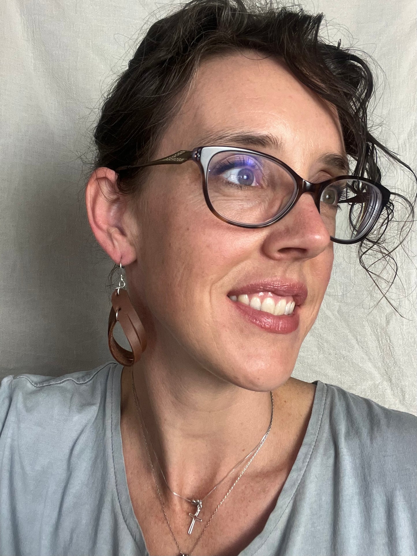 Brown Polka Dot  Burned Split Loop Dangle Leather Earring