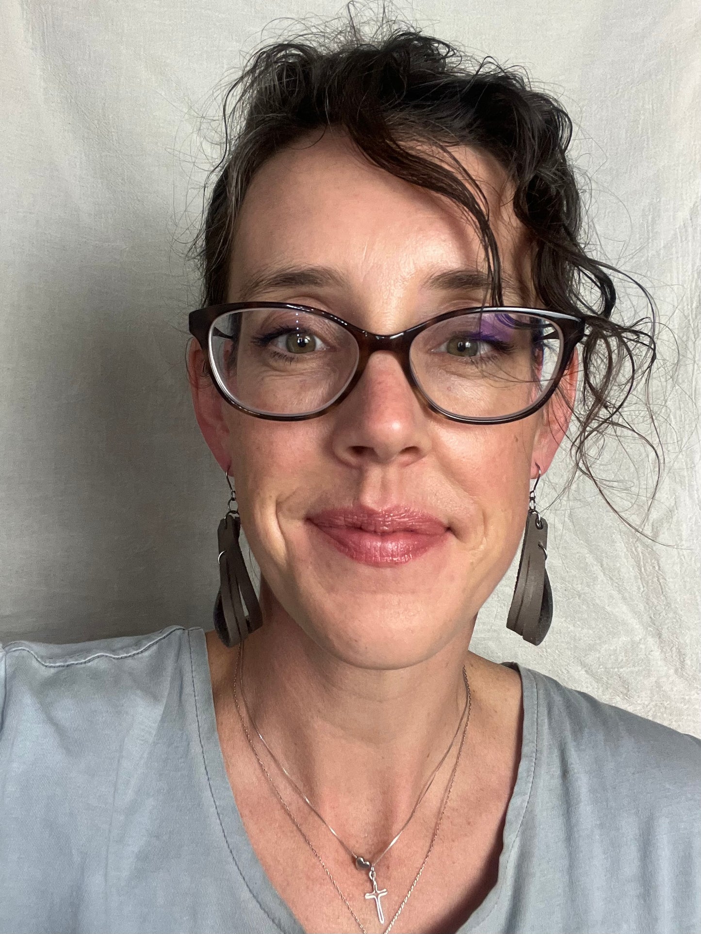 Brown Polka Dot  Burned Split Loop Dangle Leather Earring