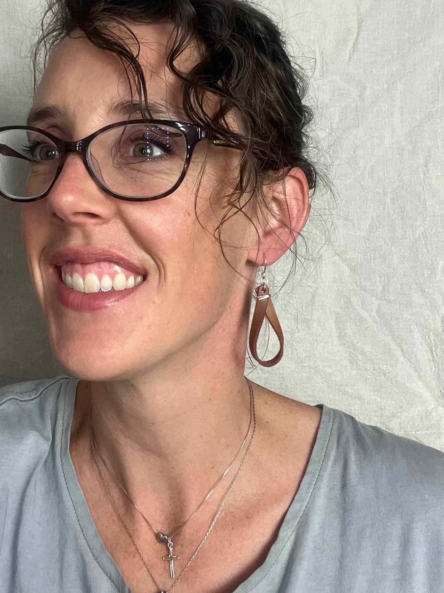 Black Thin Twisted Loop Leather Dangle Earring