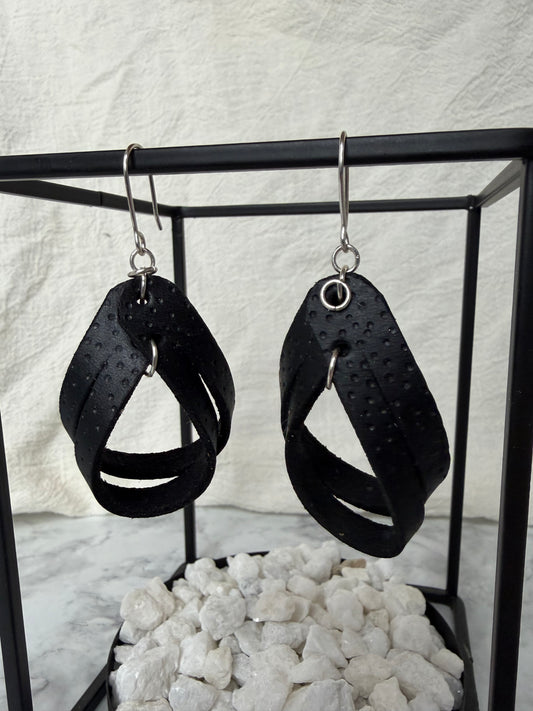Black Polka Dot  Burned Split Loop Dangle Leather Earring