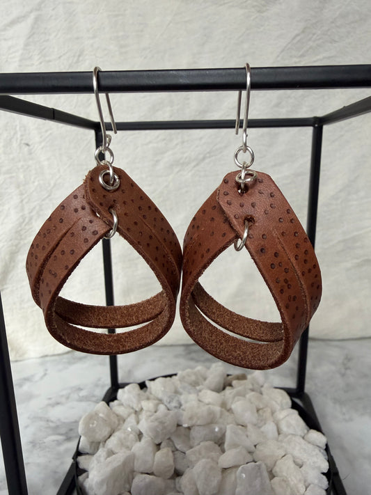 Brown Polka Dot  Burned Split Loop Dangle Leather Earring