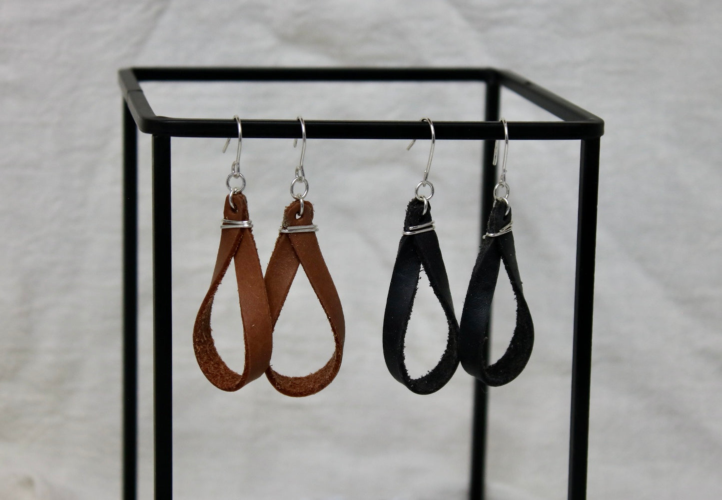 Black Thin Twisted Loop Leather Dangle Earring