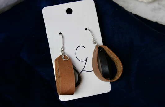 Brown Double Loop Inner Twist Leather Dangle Earring
